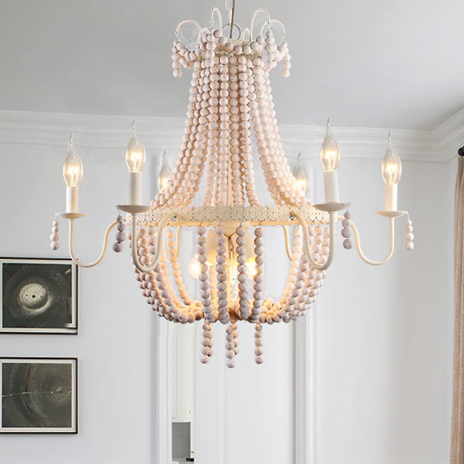Regas Farmhouse Wooden Bead Chandelier 9 Light Wash White Pendant Lighting for Dining Room