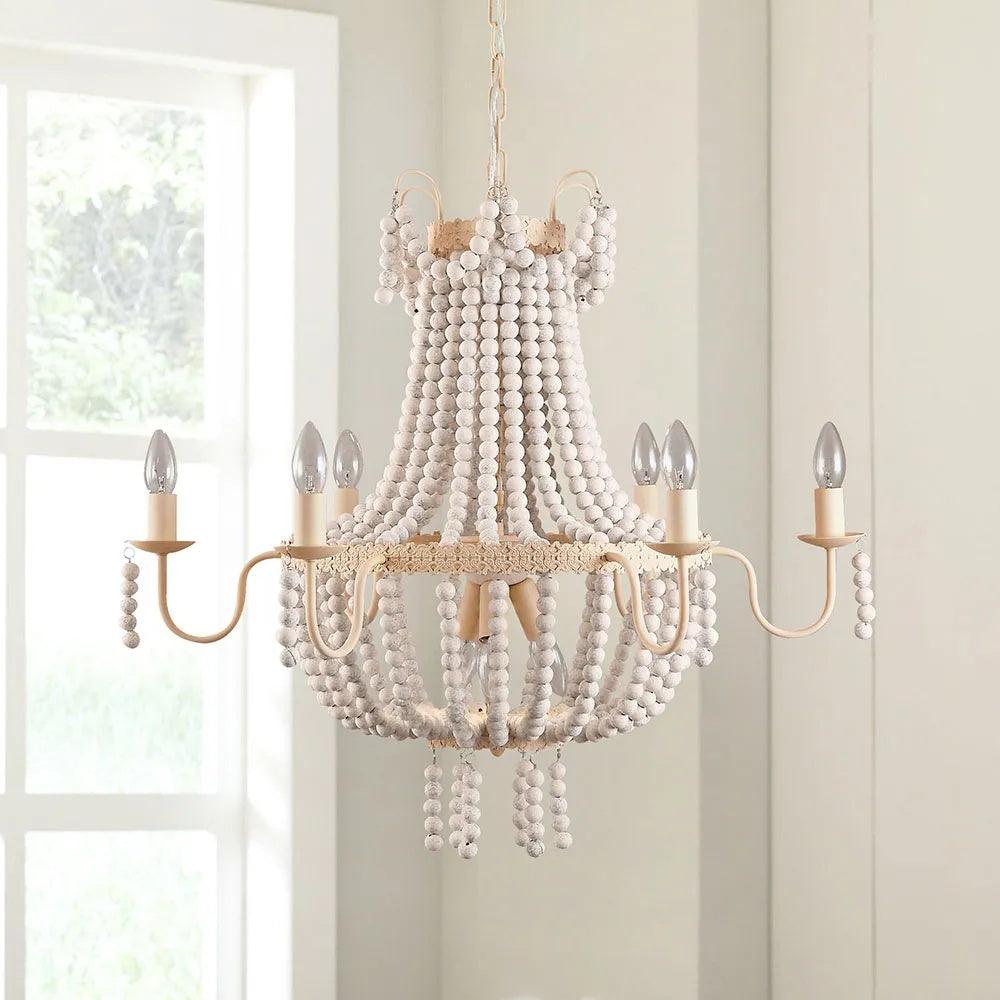 Regas Farmhouse Wooden Bead Chandelier 9 Light Wash White Pendant Lighting for Dining Room