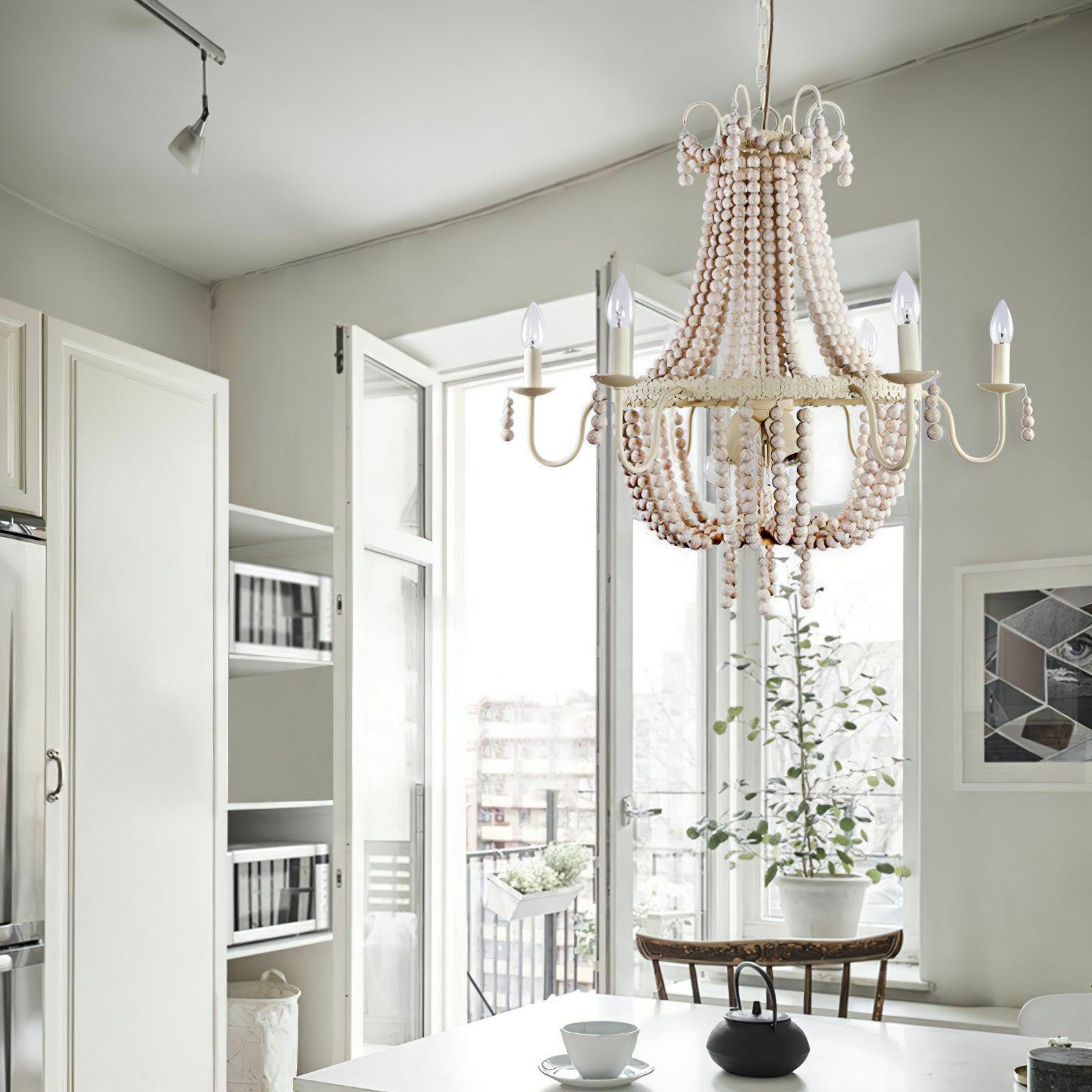 Regas Farmhouse Wooden Bead Chandelier 9 Light Wash White Pendant Lighting for Dining Room