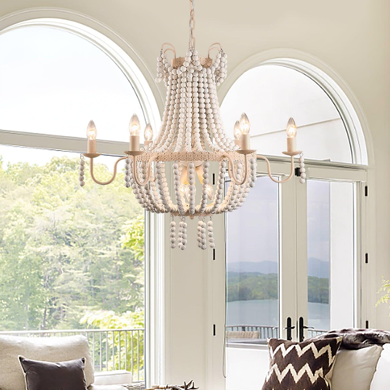 Regas Farmhouse Wooden Bead Chandelier 9 Light Wash White Pendant Lighting for Dining Room