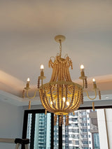 Regas Farmhouse Wooden Bead Chandelier 9 Light Wash White Pendant Lighting for Dining Room