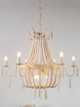 Regas Farmhouse Wooden Bead Chandelier 9 Light Wash White Pendant Lighting for Dining Room