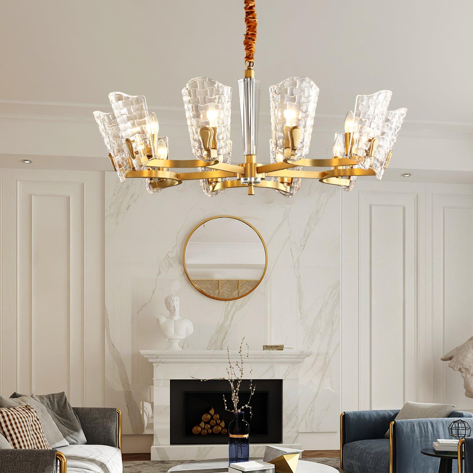 Renato Art Deco Brass Chandelier with Faceted Horn Glass Pendant Lighting for Modern Interiors
