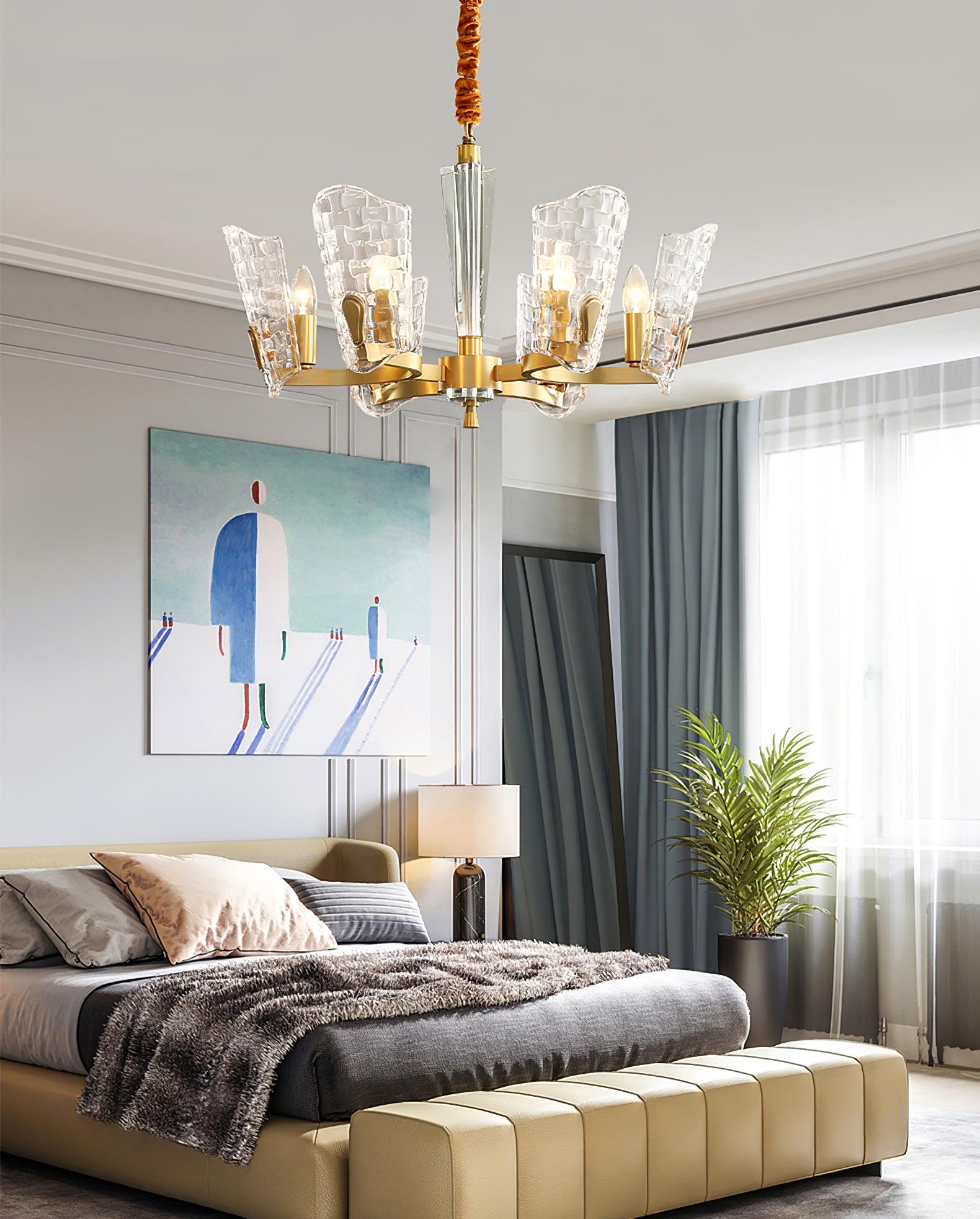 Renato Art Deco Brass Chandelier with Faceted Horn Glass Pendant Lighting for Modern Interiors