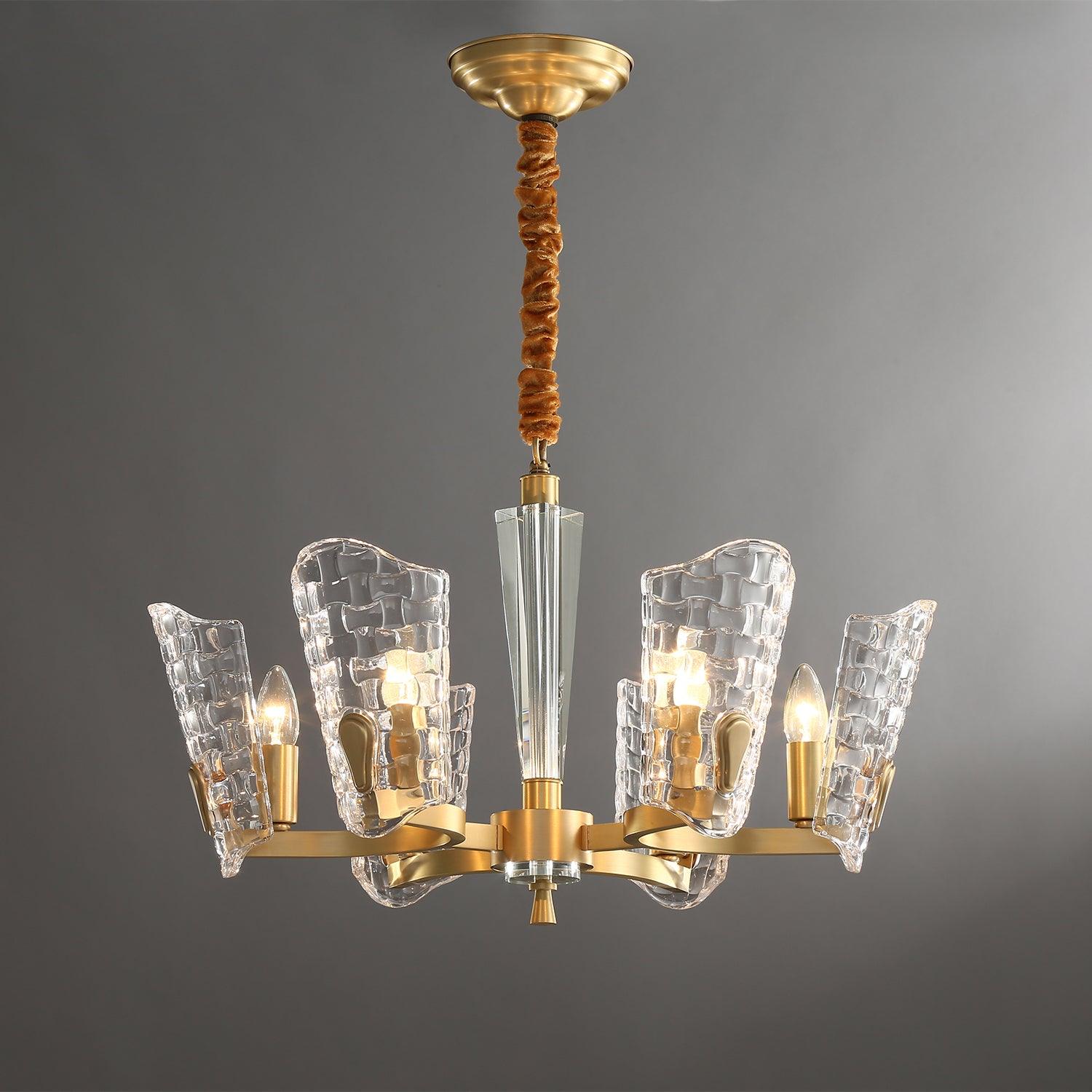 Renato Art Deco Brass Chandelier with Faceted Horn Glass Pendant Lighting for Modern Interiors