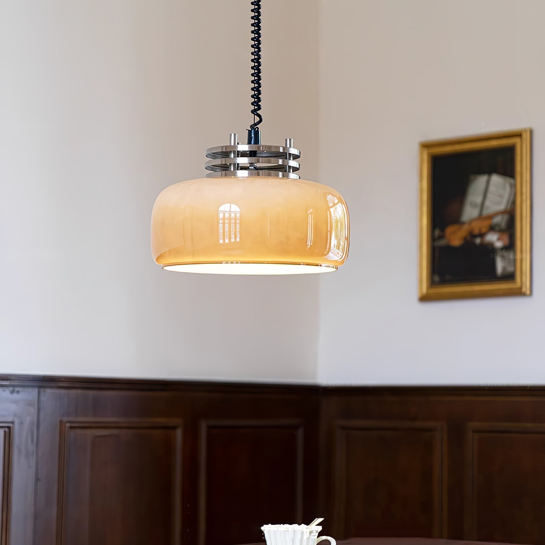 Retractable Glass Pendant Lamp with Tinted Dome Shade and Adjustable Metallic Structure