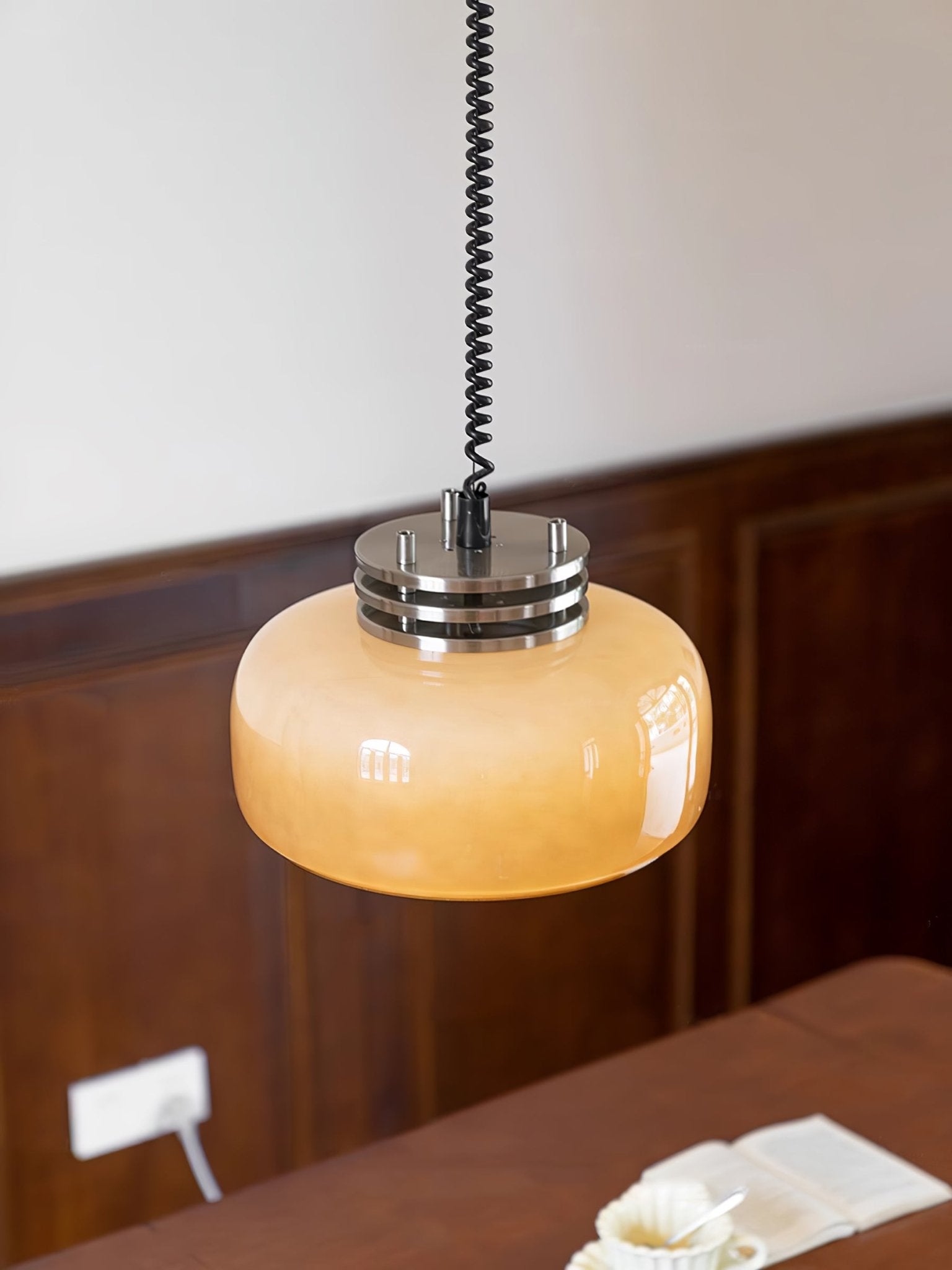 Retractable Glass Pendant Lamp with Tinted Dome Shade and Adjustable Metallic Structure