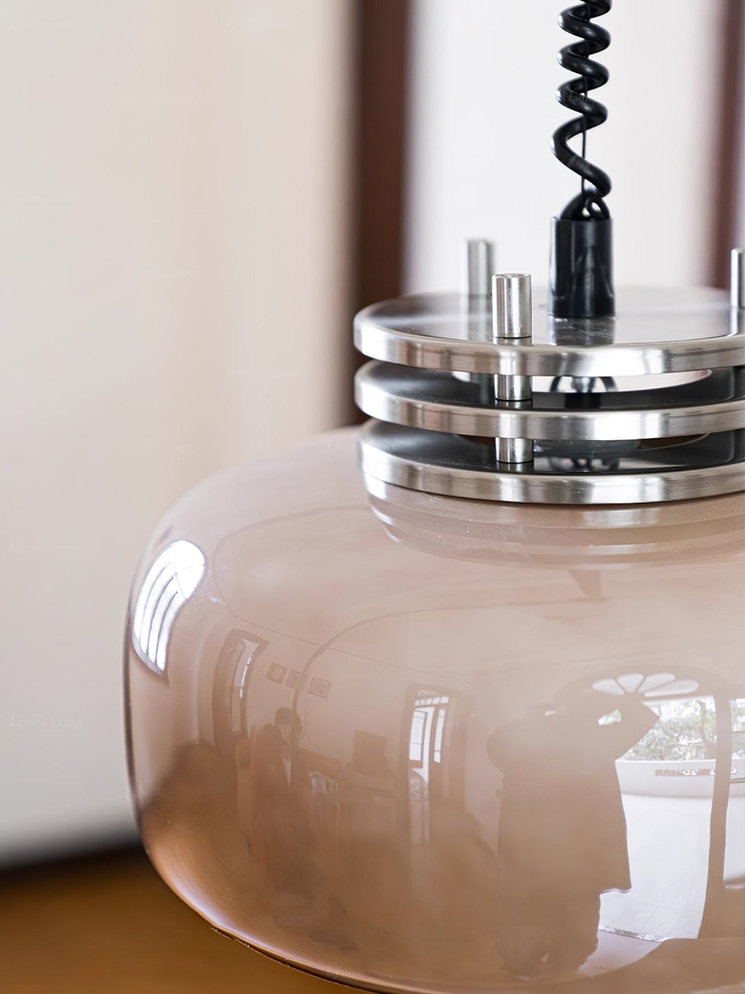 Retractable Glass Pendant Lamp with Tinted Dome Shade and Adjustable Metallic Structure
