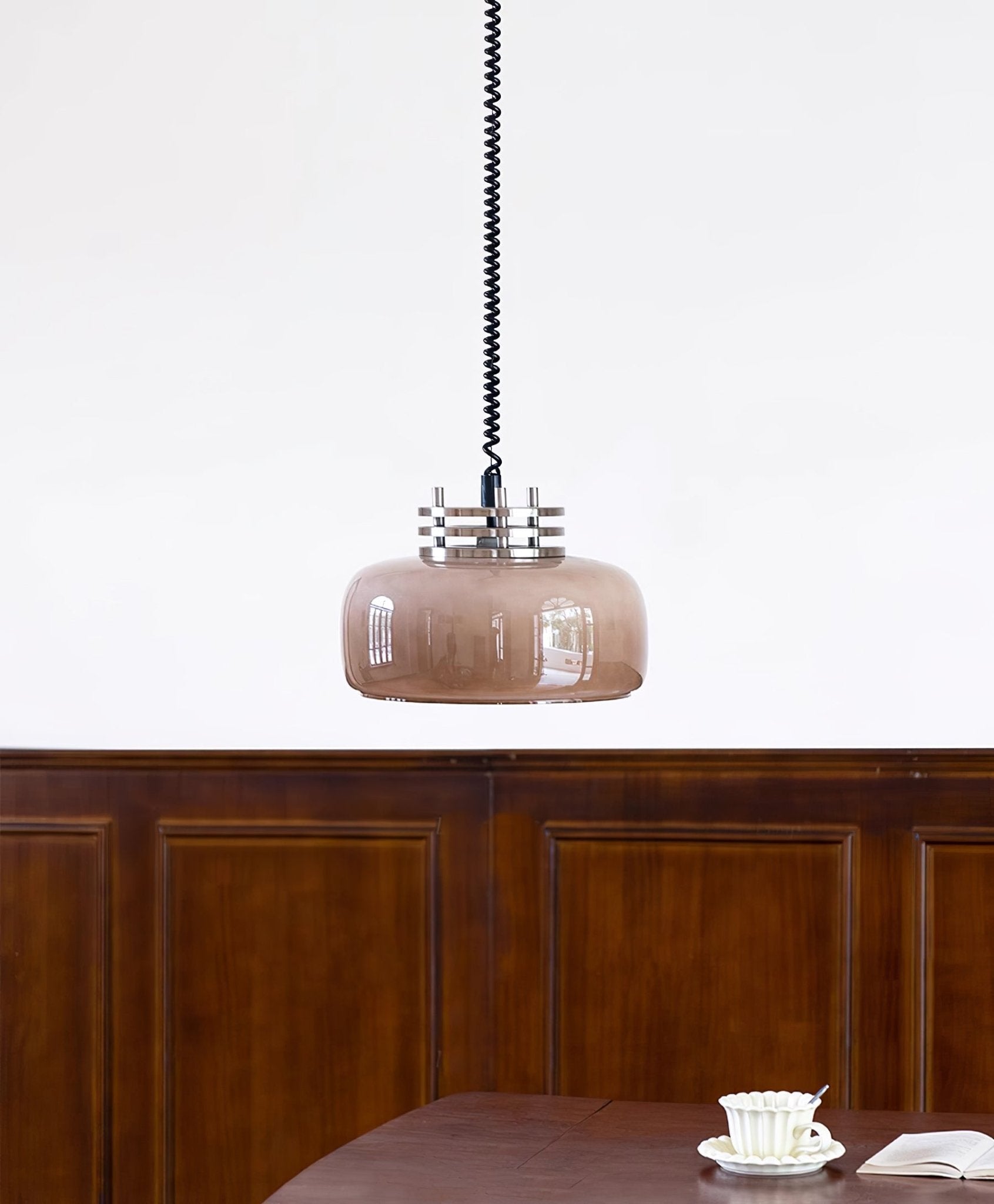 Retractable Glass Pendant Lamp with Tinted Dome Shade and Adjustable Metallic Structure