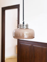 Retractable Glass Pendant Lamp with Tinted Dome Shade and Adjustable Metallic Structure