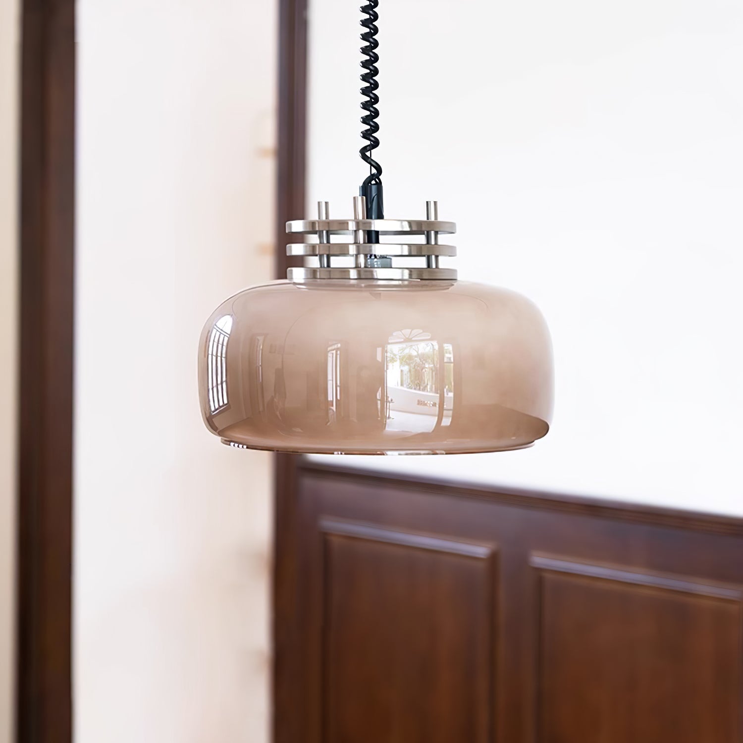 Retractable Glass Pendant Lamp with Tinted Dome Shade and Adjustable Metallic Structure