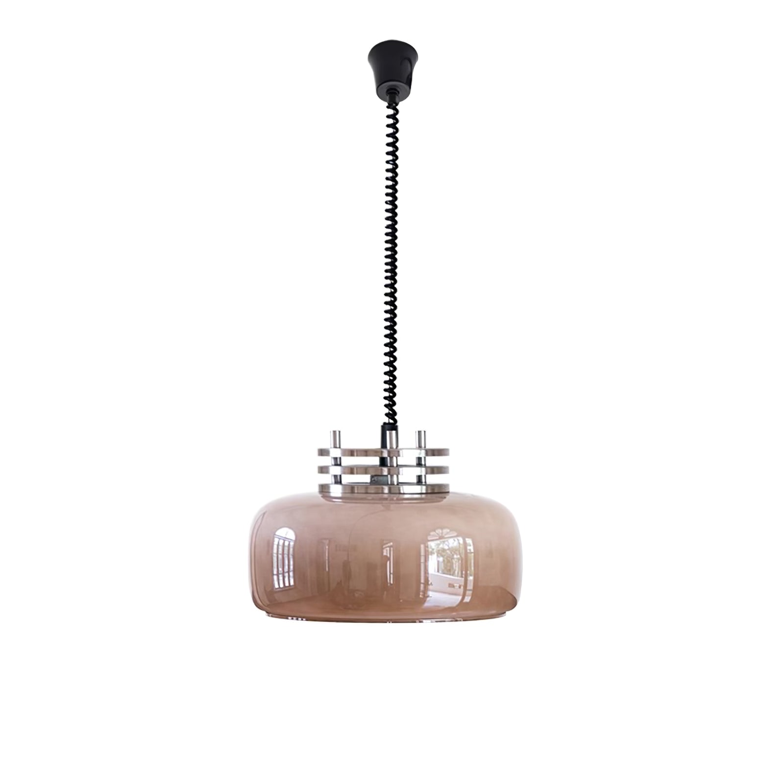 Retractable Glass Pendant Lamp with Tinted Dome Shade and Adjustable Metallic Structure