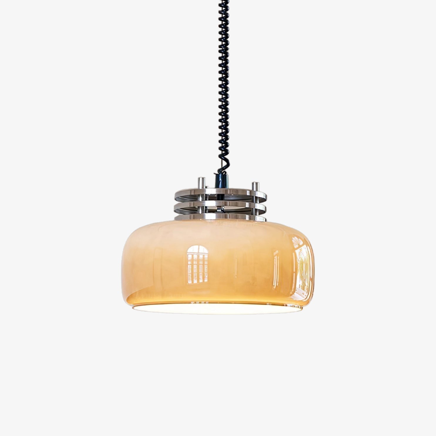 Retractable Glass Pendant Lamp with Tinted Dome Shade and Adjustable Metallic Structure