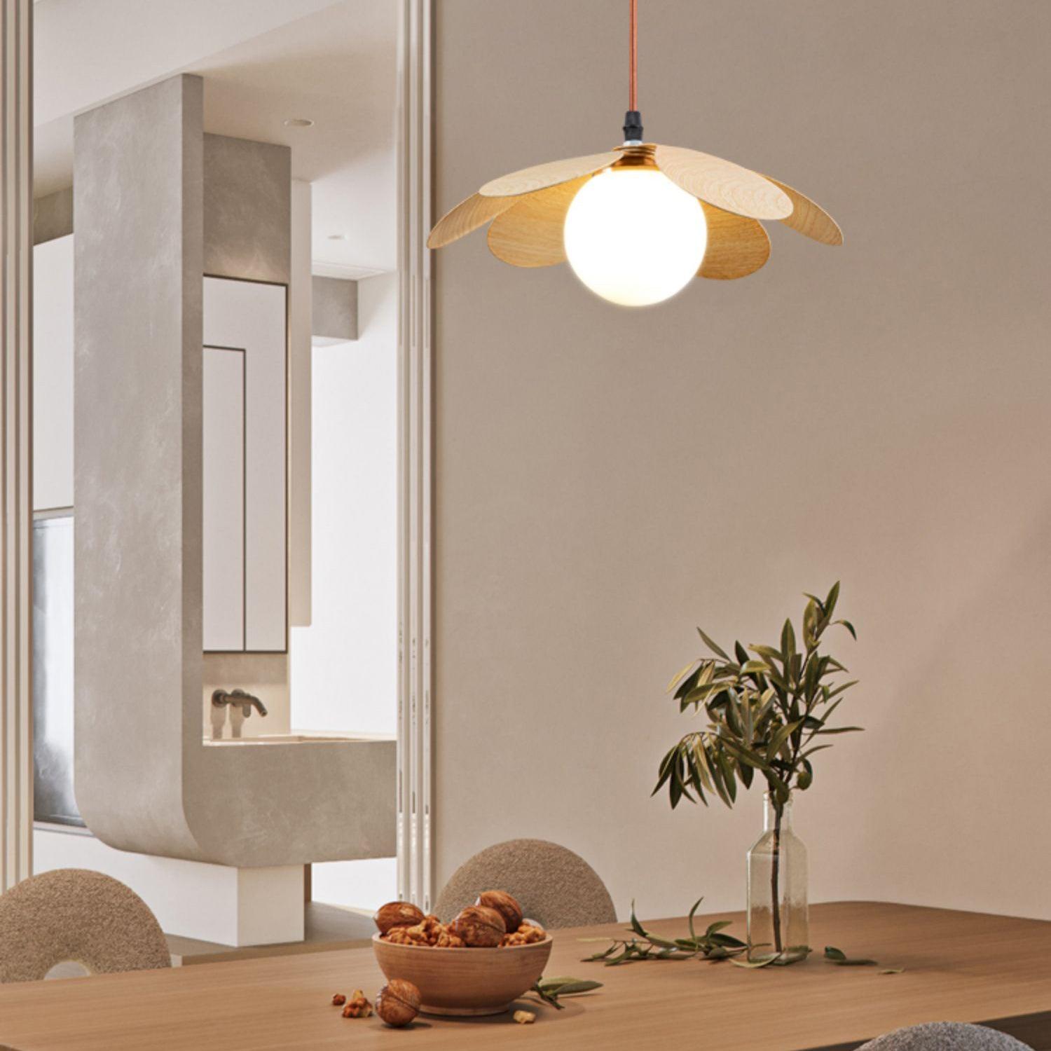 Retro 1970s Inspired Floral Petal Pendant Lamp with Wood Walnut Finish and Glass Shade