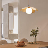 Retro 1970s Inspired Floral Petal Pendant Lamp with Wood Walnut Finish and Glass Shade