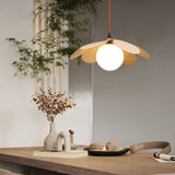Retro 1970s Inspired Floral Petal Pendant Lamp with Wood Walnut Finish and Glass Shade