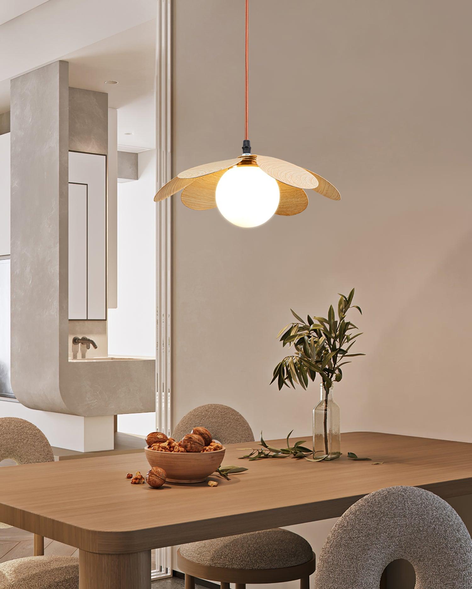 Retro 1970s Inspired Floral Petal Pendant Lamp with Wood Walnut Finish and Glass Shade