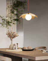 Retro 1970s Inspired Floral Petal Pendant Lamp with Wood Walnut Finish and Glass Shade