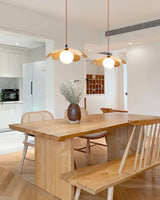Retro 1970s Inspired Floral Petal Pendant Lamp with Wood Walnut Finish and Glass Shade