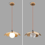 Retro 1970s Inspired Floral Petal Pendant Lamp with Wood Walnut Finish and Glass Shade