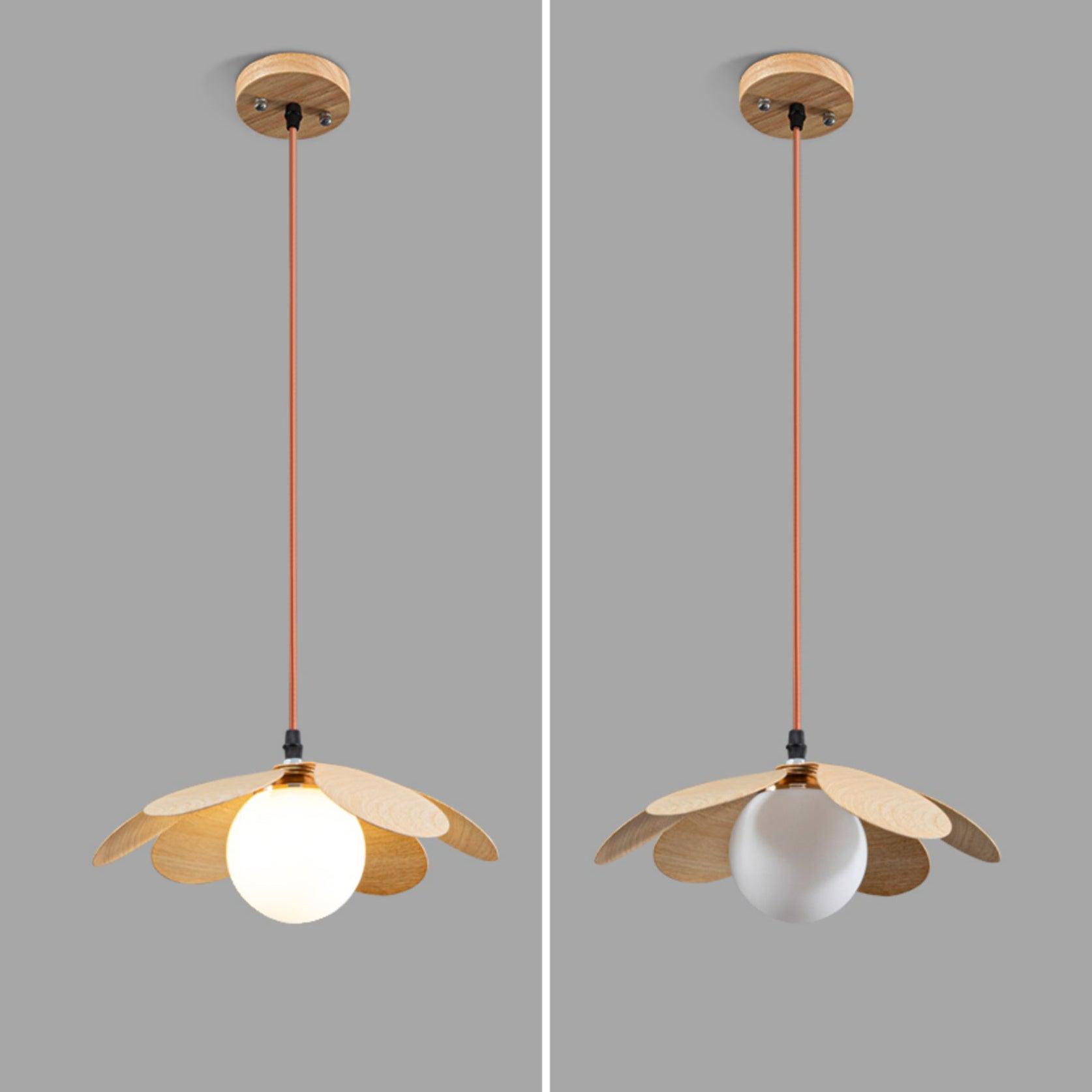 Retro 1970s Inspired Floral Petal Pendant Lamp with Wood Walnut Finish and Glass Shade
