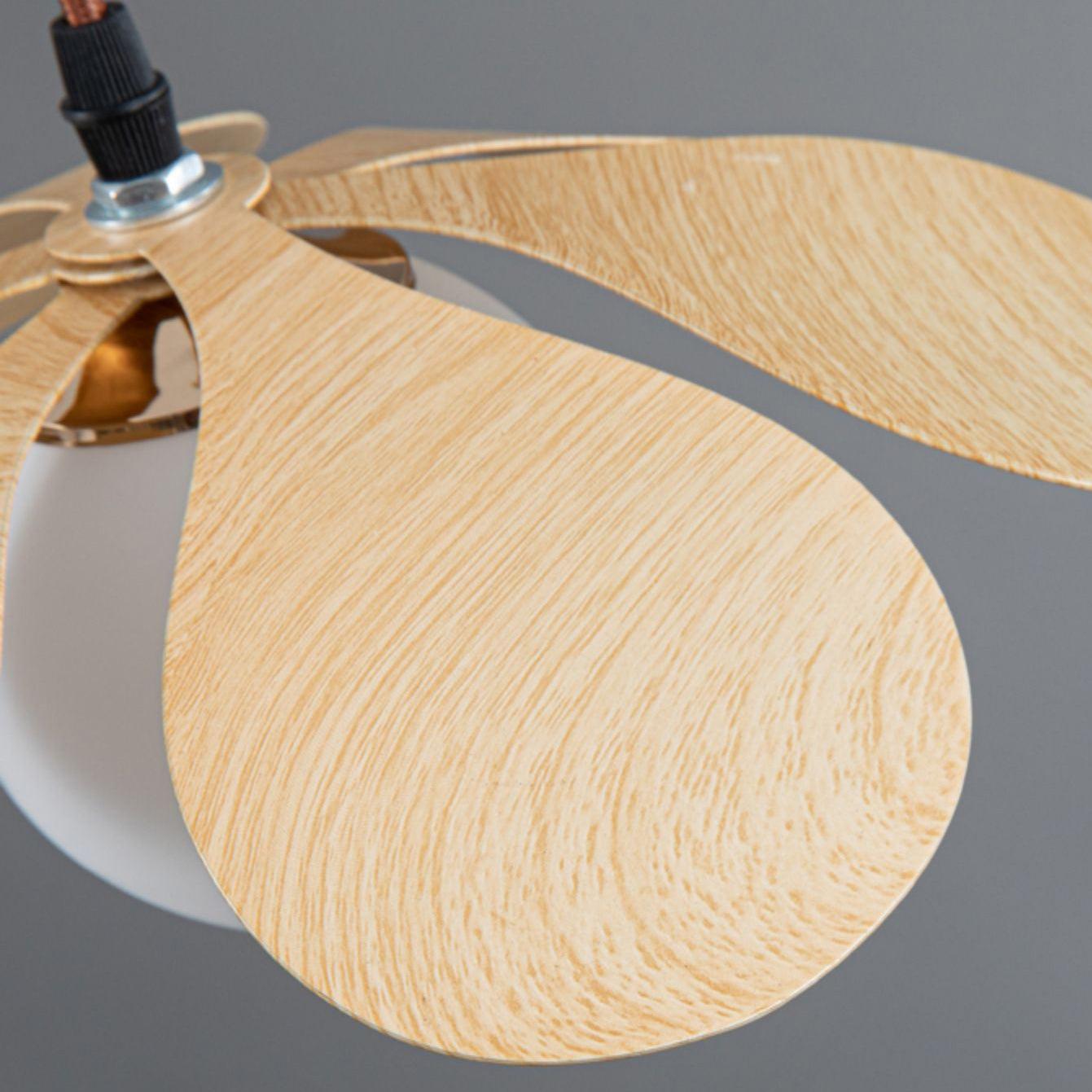 Retro 1970s Inspired Floral Petal Pendant Lamp with Wood Walnut Finish and Glass Shade