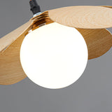 Retro 1970s Inspired Floral Petal Pendant Lamp with Wood Walnut Finish and Glass Shade