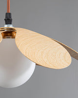 Retro 1970s Inspired Floral Petal Pendant Lamp with Wood Walnut Finish and Glass Shade