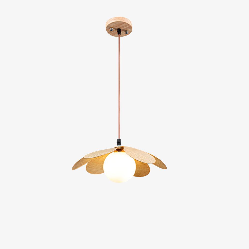 Retro 1970s Inspired Floral Petal Pendant Lamp with Wood Walnut Finish and Glass Shade
