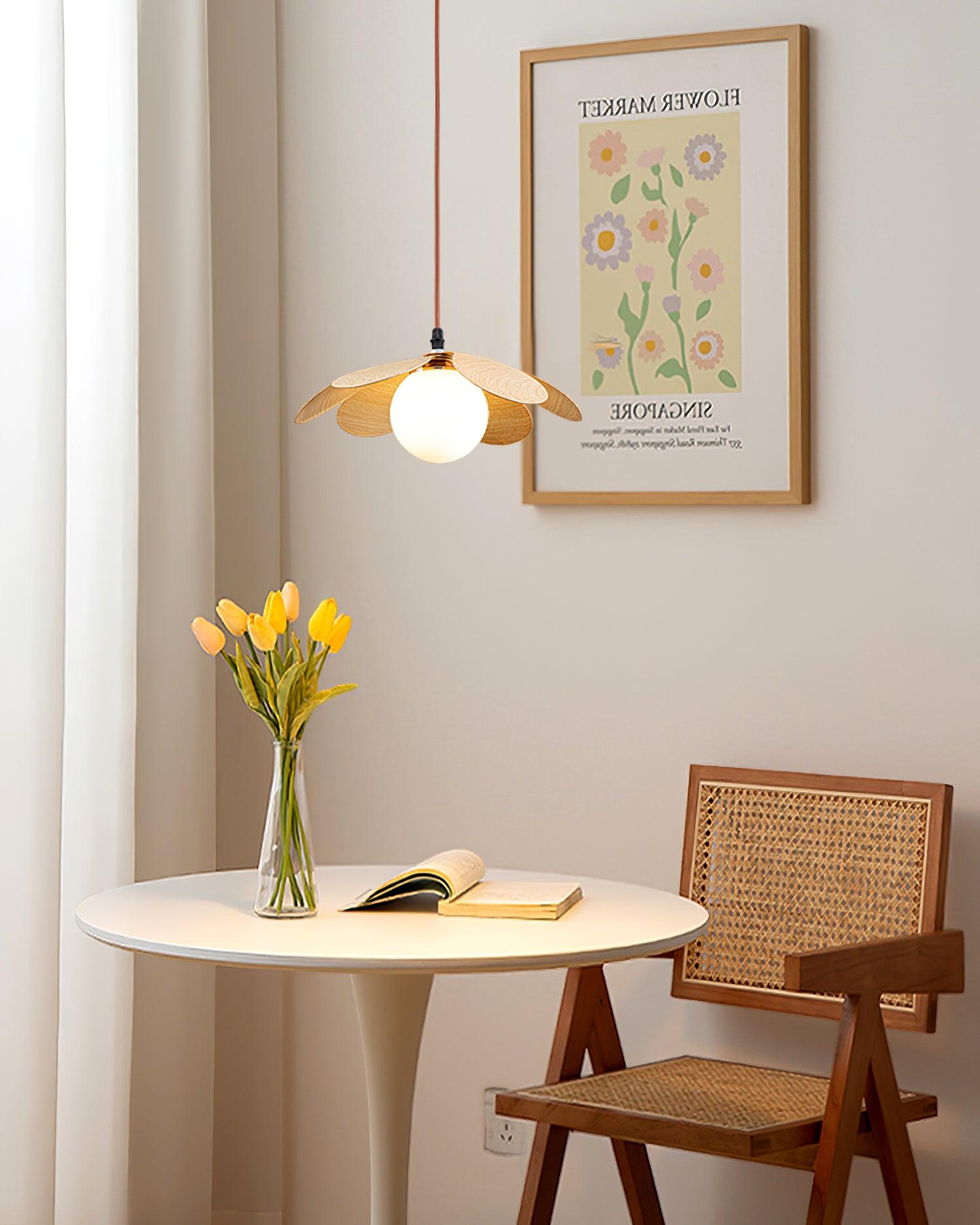 Retro 1970s Inspired Floral Petal Pendant Lamp with Wood Walnut Finish and Glass Shade