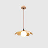 Retro 1970s Inspired Floral Petal Pendant Lamp with Wood Walnut Finish and Glass Shade