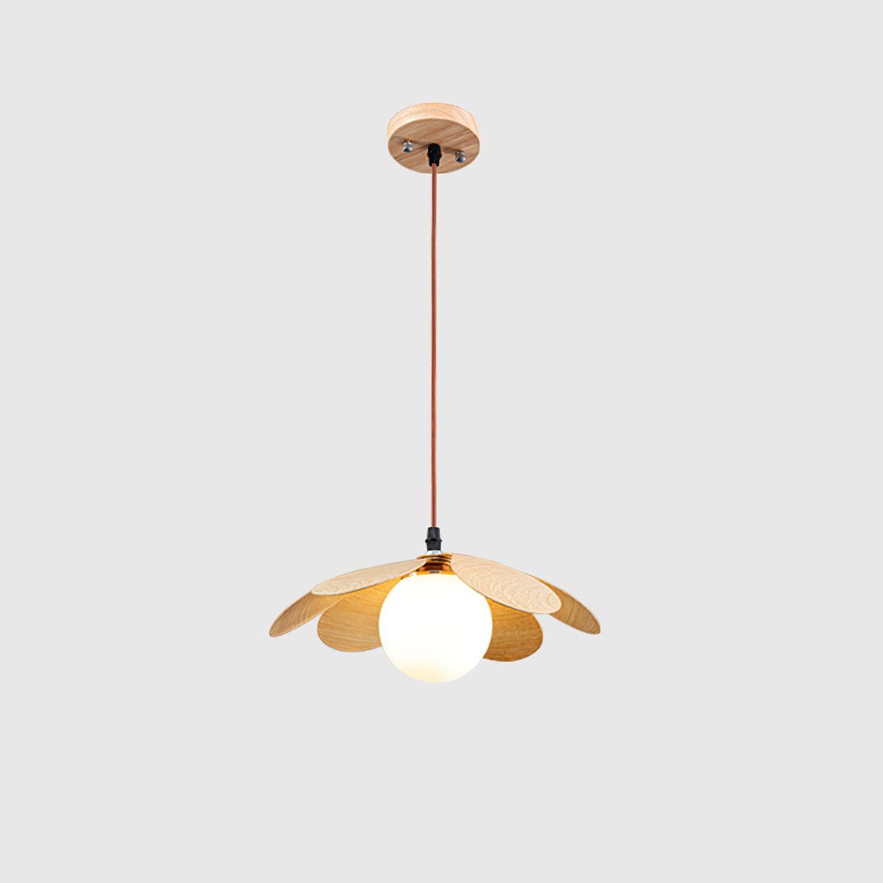 Retro 1970s Inspired Floral Petal Pendant Lamp with Wood Walnut Finish and Glass Shade