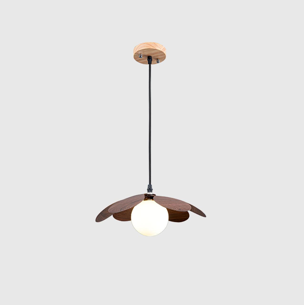 Retro 1970s Inspired Floral Petal Pendant Lamp with Wood Walnut Finish and Glass Shade