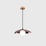 Retro 1970s Inspired Floral Petal Pendant Lamp with Wood Walnut Finish and Glass Shade