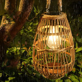 Retro Bamboo Rattan Solar Outdoor Lantern Waterproof LED Hanging Wood Lamp for Garden Decor