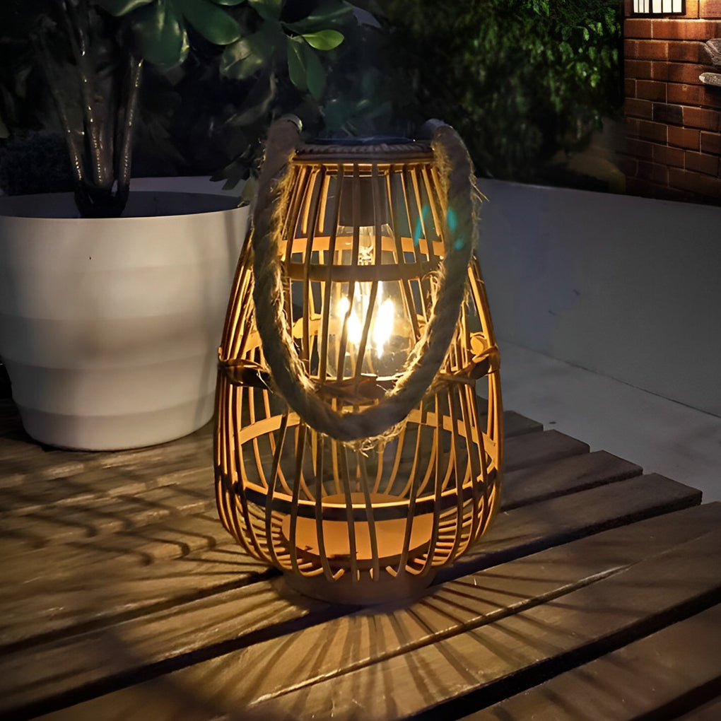 Retro Bamboo Rattan Solar Outdoor Lantern Waterproof LED Hanging Wood Lamp for Garden Decor