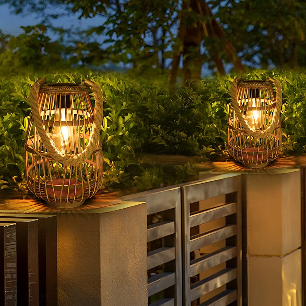 Retro Bamboo Rattan Solar Outdoor Lantern Waterproof LED Hanging Wood Lamp for Garden Decor