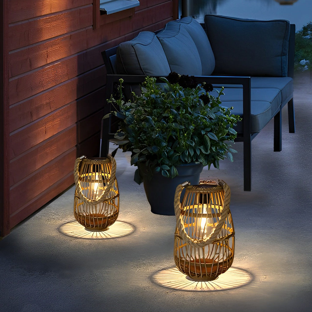 Retro Bamboo Rattan Solar Outdoor Lantern Waterproof LED Hanging Wood Lamp for Garden Decor