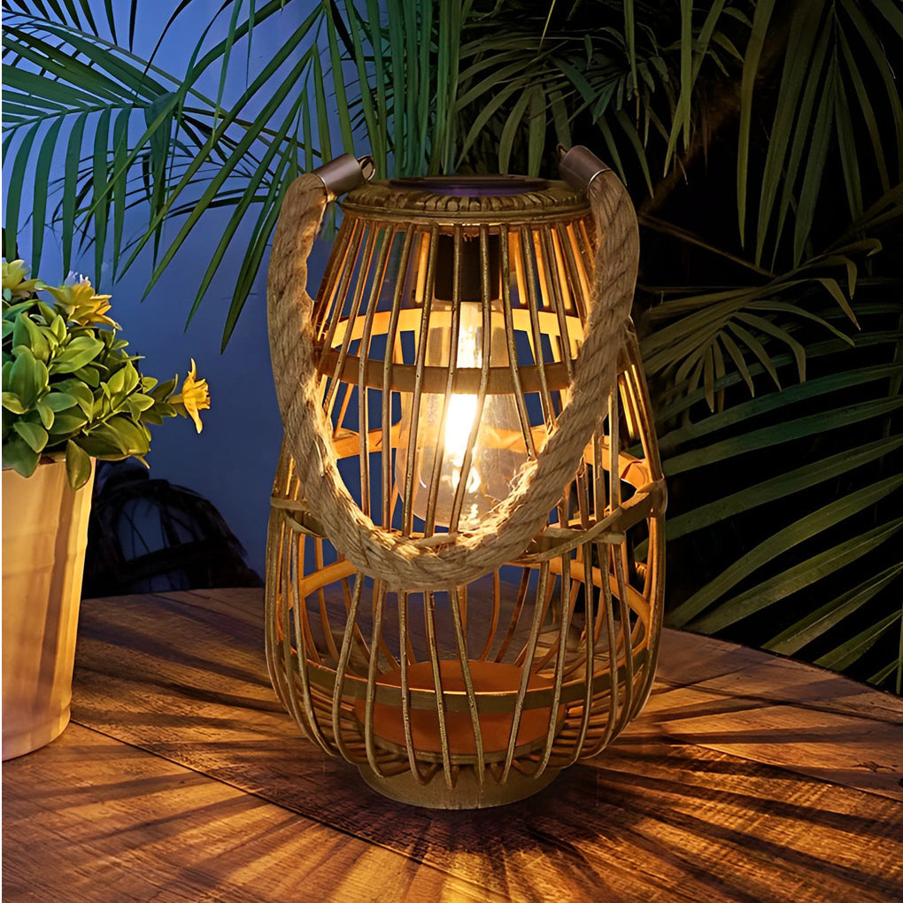 Retro Bamboo Rattan Solar Outdoor Lantern Waterproof LED Hanging Wood Lamp for Garden Decor