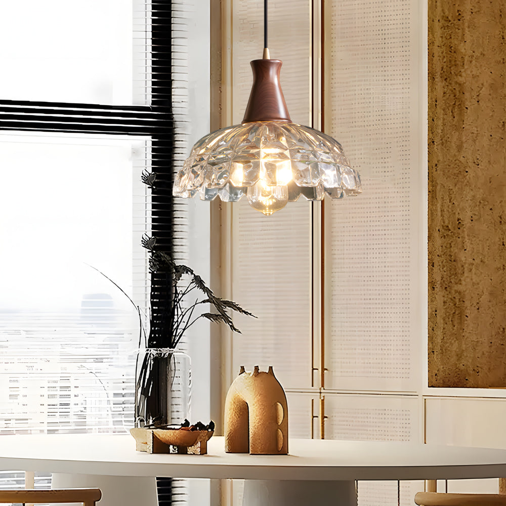Retro Blossom Glass Pendant Light with Walnut Wooden Handle and Brass Accents Hanging Fixture
