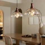 Retro Blossom Glass Pendant Light with Walnut Wooden Handle and Brass Accents Hanging Fixture