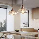 Retro Blossom Glass Pendant Light with Walnut Wooden Handle and Brass Accents Hanging Fixture