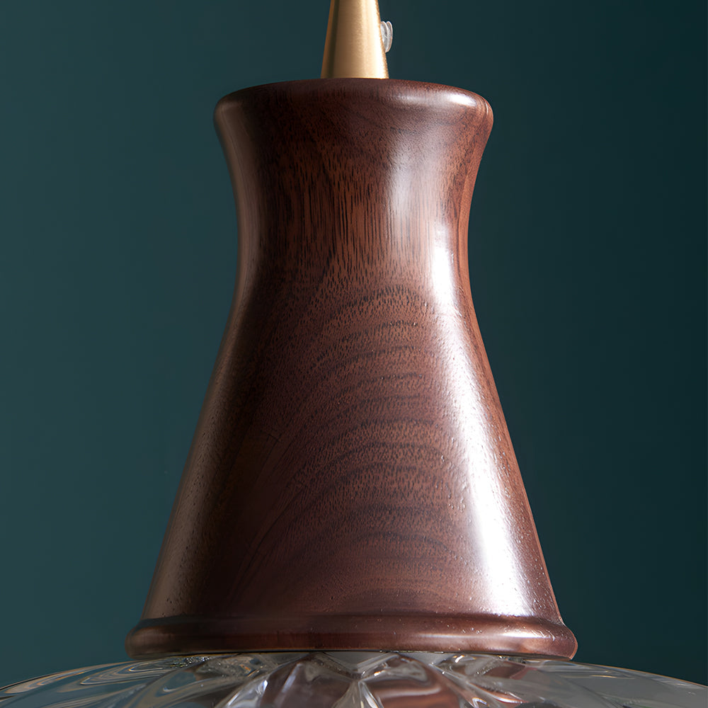 Retro Blossom Glass Pendant Light with Walnut Wooden Handle and Brass Accents Hanging Fixture