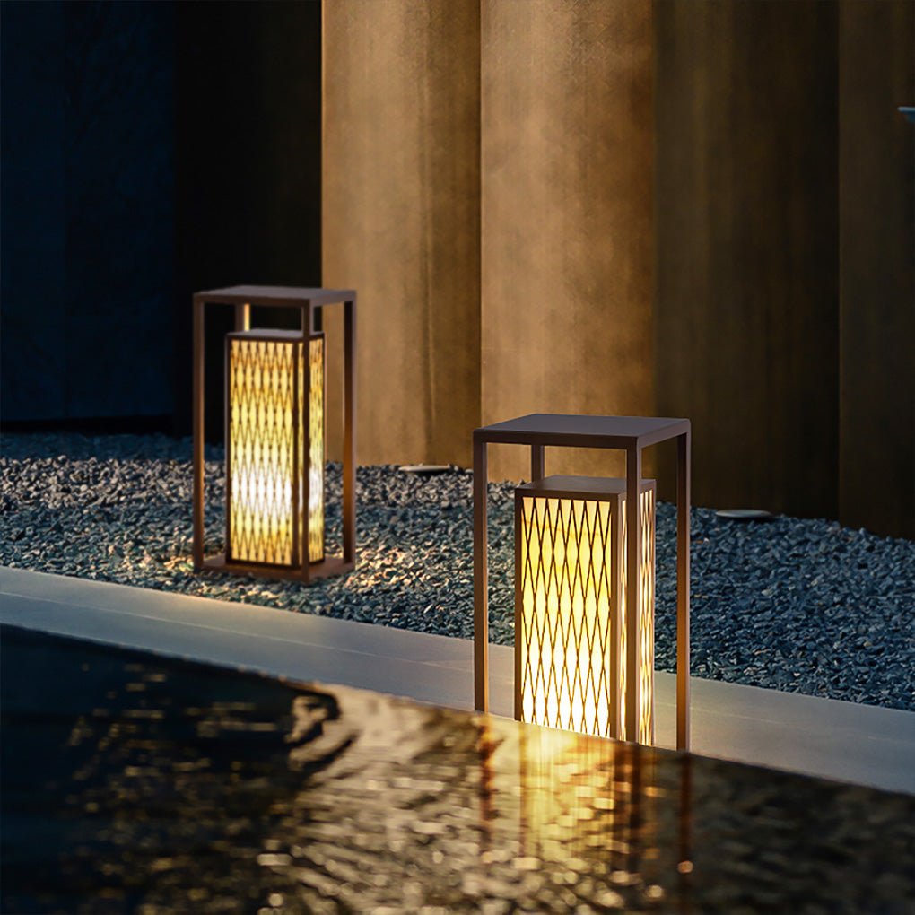 Retro Brown Asian Style Waterproof Outdoor Landscape Lantern Stainless Steel Courtyard Pillar Light