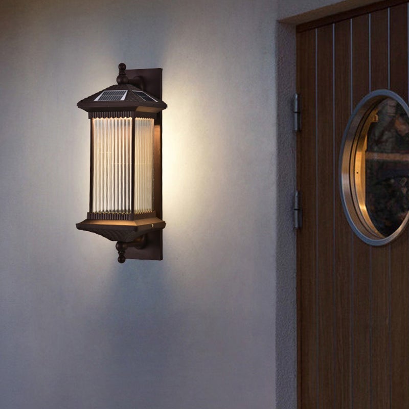 Retro Brown Solar Outdoor Wall Sconce with Striped Glass Shade for Garden Decor
