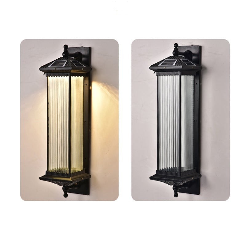 Retro Brown Solar Outdoor Wall Sconce with Striped Glass Shade for Garden Decor