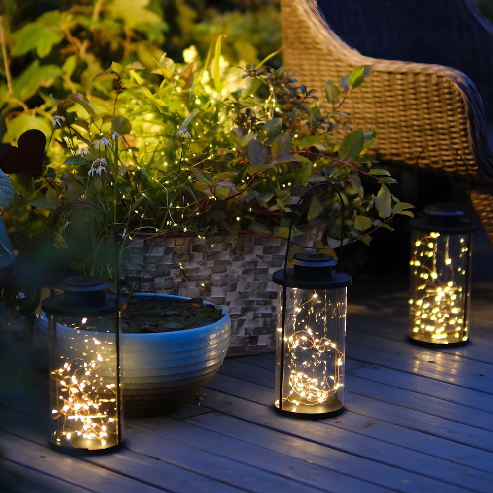 Retro Glass Cylinder Solar Lanterns with 50 LED Firefly Lights for Outdoor Garden and Patio Decor