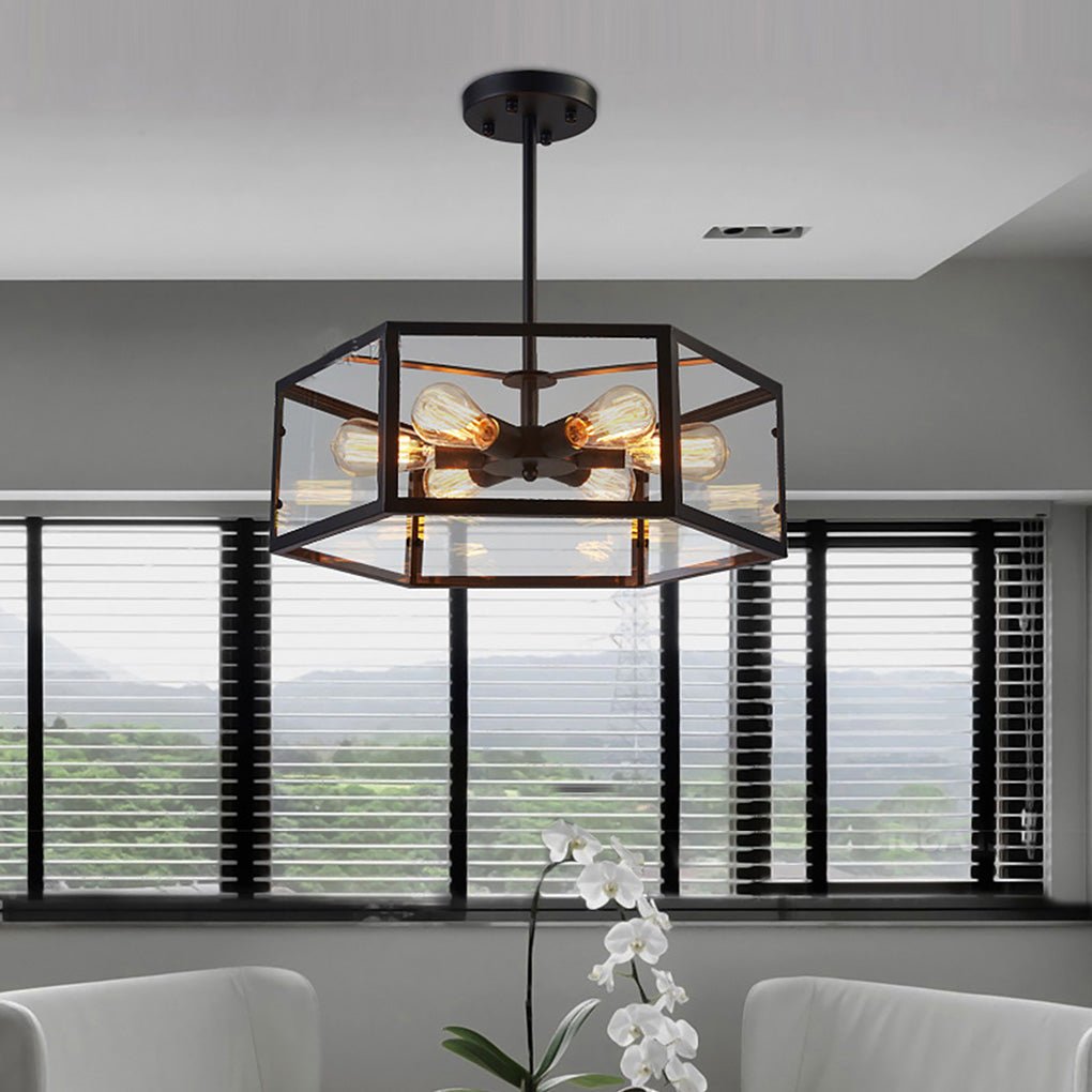 Retro Industrial Geometric Hexagonal Glass Flush Mount LED Ceiling Light for Living Room and Cafe