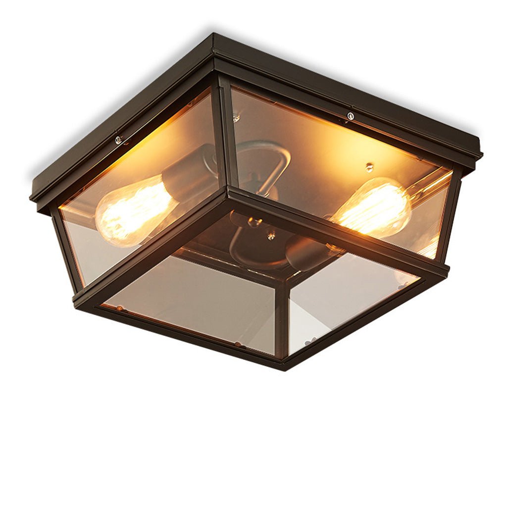 Retro Industrial Double Head LED Ceiling Light with Square Glass Shade for Hallway Balcony