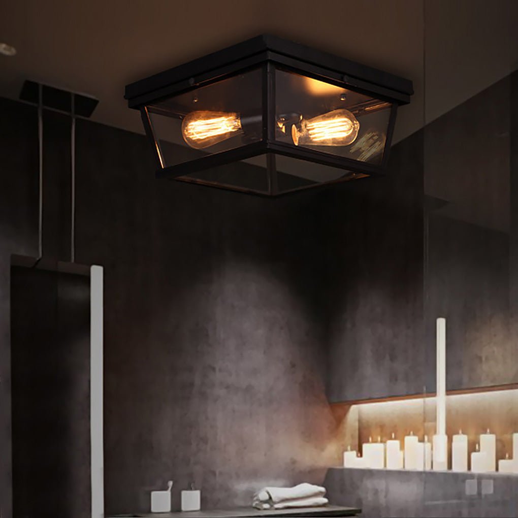 Retro Industrial Double Head LED Ceiling Light with Square Glass Shade for Hallway Balcony